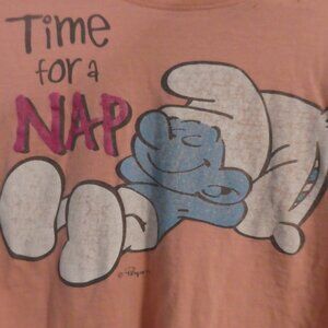 THE SMURFS | large | Playful Pink Napping Smurf Graphic  Cotton T-Shirt